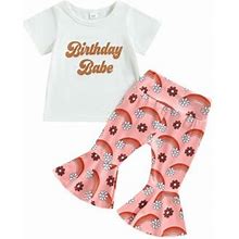 Emmababy Cute And Colorful Girls Summer Clothing Set: Letter Print T-Shirt And Rainbow Flare Pants
