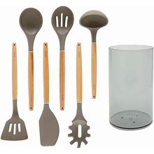 Silicone And Wood Kitchen Utensil Set With Holder For Cooking (7-Piece Set), Grey