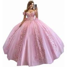 XYAYE Women's Off Shoulder Quinceanera Dresses 3D Flower Puffy Ball Gown Lace Beaded Prom Dresses For Sweet 15 16 XY069
