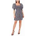 Msk Womens Navy Smocked Unlined Tiered Pullover Floral Pouf Sleeve Square Neck Above The Knee Fit + Flare Dress XL