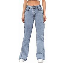Yinguo Women Button High Trousers Pocket Waist Elastic Pants Jeans Denim Hole Loose Women's Jeans XS