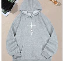 Faith Print Solid Color Drawstring Hoodie, Pullover Kangaroo Pocket Active Hooded Sweatshirt, Women's Sweatshirts,Grey,Grey,Reliable Choice,By Temu
