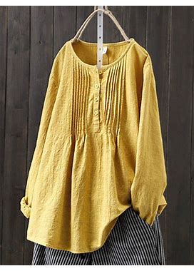 Women's Shirt Blouse Linen Cotton Solid Color Daily Vacation Weekend Ruched Button Long Sleeve Basic Casual Crew Neck Regular Fit Spring Fall Winter Yellow/5XL