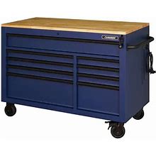 Heavy-Duty 52 in. 9-Drawer Mobile Workbench With Adjustable-Height Solid Wood Top In Matte Blue