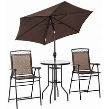 Outsunny Bistro Porch Furniture Set Of 2 Patio Chairs Folding Small Outdoor Dining Table Textured Glass Angle Adjustable Umbrella Brown