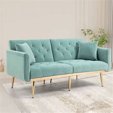 Straight Row Velvet Loveseat Sleeper Sofa With Adjsutable Backrest And Pillows, Folding Couch Bed For Living Room - Mint Green