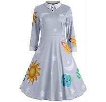 Beeyaso Clearance Summer Dresses For Women Printed Crew Neck A-Line Knee Length Casual Long Sleeve Dress Gray L