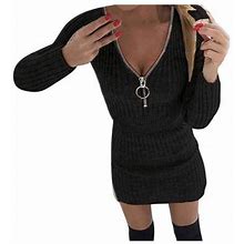 Womens Dresses Casual Solid Knit Dress Zipper V-Neck Long Sleeve Mini Slim Pullover Dress Dresses For Women 2024 Black L