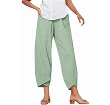 Linen Pants Women Summer Petite Casual Solid Cotton Blend Drawstring Elastic Waist Pocket Long Wide Leg Pants S