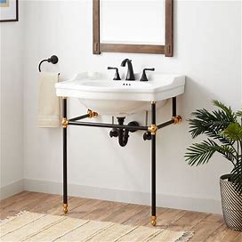 Signature Hardware 953524-30MBTT Cierra 30" Vitreous China Console Bathroom Sink With Two-Tone Brass Stand And 3 Faucet Holes At 8" Centers Matte