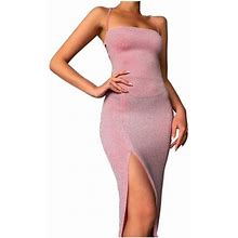 Caicj98 Womens Dresses For Wedding Guest Women's Lace Long Sleeve Dress V-Neck Elegant Tight Folds Dresses Pink,XL