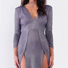 Purple Blue V-Neck Gathered Sleeve Two Front Slits Mini Dress | Color: Blue/Purple/Red/Silver | Size: S