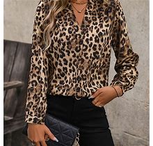 Animals & Leopard Print V-Neck Shirt, Women's Casual Long Sleeve Women's Clothing V Neck Shirt,Brown,Must-Have,Temu