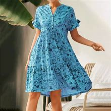 Finelylove Petite Formal Dresses For Women Dresses For Curvy Women V-Neck Floral Short Sleeve Sun Dress Blue
