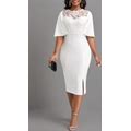 Rotita White Lace Midi Bodycon Dress With Side Slit Cocktail Party Dress Lace White Half Sleeve Bodycon Dress - L
