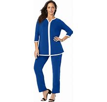 Plus Size Women's 2-Piece Stretch Knit Notch Neck Pant Set By The London Collection In Dark Sapphire White Combo (Size 2X)