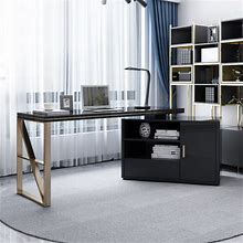 Modern 63" Black L-Shaped Desk Corner Computer Desk With Cabinet & Rich Storage