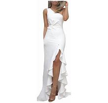 Womens Casual Solid One Shoulder Strapless Ruffle Sleeveless Split Dress Summer Sexy Boho Floral Sundresses Wedding Guest Graduation Prom Formal Cockt