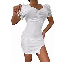 Womens Summer Mini Bodycon Dresses Puff Short Sleeve Sexy Ruched Party Club Dress Solid Color Slim Fit Short Dress