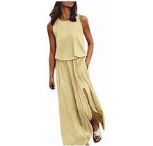 Baberdicy Midi Dresses For Women Summer Dress For Women Sleeveless Round Neck Maxi Dresses Solid Color Fork Opening Dress Yellow S
