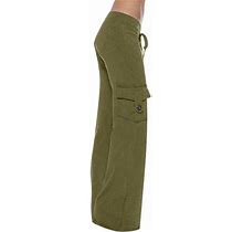 Herrnalise Autumn Women Workout Out Leggings Stretch Waist Button Pocket Yoga Gym Loose Pants Olive Green 2XL