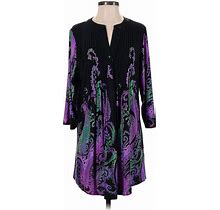 Serengeti Casual Dress - Mini V-Neck 3/4 Sleeves: Purple Paisley Dresses - Women's Size Medium - Paisley Wash