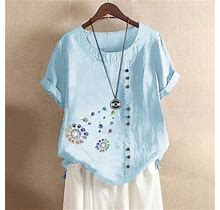 Sunsetable Women Cotton Linen T Shirt Tops Casual Loose Fit Print Tees Short Sleeve Plus Size Button Tunic Blouses