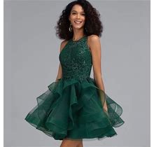JJ's House Ball-Gown Princess Scoop Short Mini Tulle Lace Party Dress With Sequins
