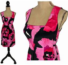 M Y2K Floral Silk Dress Medium, Sleeveless Summer Dress, Square Neck Midi Dress, Tie Back Fuchsia Pink & Black 2000S Clothes Women NINE WEST