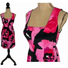 M Y2K Floral Silk Dress Medium, Sleeveless Summer Dress, Square Neck Midi Dress, Tie Back Fuchsia Pink & Black 2000S Clothes Women NINE WEST