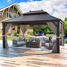 YOLENY 10' X 13' Hardtop Gazebo With Galvanized Steel Double Roof, Pergolas Aluminum Frame, Netting And Curtains Included, Metal Outdoor Gazebos For