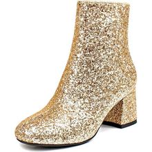 SEIFIN Women's Sequins Glitter Chunky Heel Ankle Boots Sparkly Wedding Bridal Party Dress Shoes Block Mid Heels Side Zipper Booties