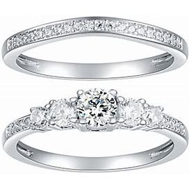 Diamonique 2-Piece 5-Stone Round-Cut Bridal Ring Set, Sterling ,Size 9