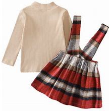 Musuos Kids Girls Dress Set, Long Sleeve Knit T-Shirt + Plaid Suspender Dress Fall Outfit