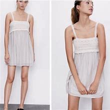 Zara Dresses | Zara Striped Fringe Crochet Detail Babydoll Dress | Color: Cream/White | Size: L
