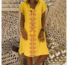 Kscykkkd Sundresses For Women,Women Summer Style V-Neck Printed Dress Short Sleeve Ladies Dress,Yellow,S