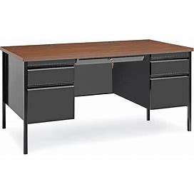 Double Pedestal Steel Desk - 60 X 30", Black Base, Walnut Top, Black Base/Walnut Top - ULINE - H-5685BL