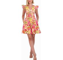 VINCE CAMUTO Petite Printed Flutter-Sleeve Fit & Flare Dress Pink Multi