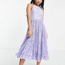 ASOS DESIGN Petite Pinny Midi Prom Dress In Lilac Pleated Lace-Pink - Pink (Size: 12)