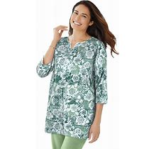 Plus Size Women's 7-Day Three-Quarter Sleeve Notch-Neck Tunic By Woman Within In Sage Floral Patchwork (Size 22/24)