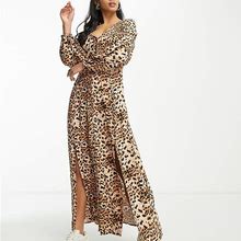 Miss Selfridge Petite Long Sleeve Button Through Maxi Dress In Leopard-Brown - Brown (Size: 6)