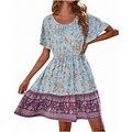 Jikolililili Women Casual Loose Bohemian Floral Dress With Pockets Short Sleeve Long Maxi Summer Beach Swing Dress