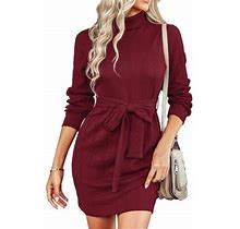 Pudcoco Wrap Hip Knit Dresses For Women Solid Color Long Sleeves High Neck One Piece