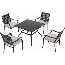LOKATSE HOME 5 Piece Outdoor Dining Set Patio Chairs Square Table With Umbrella Hole, Beige