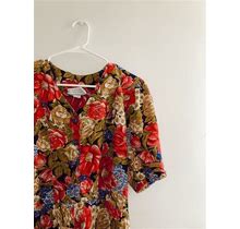 Vintage 80S Multi Floral Maxi Dress, Size XL Sun Dress Mod Retro Luxe Preppy Short Puff Sleeve Flowy Dress