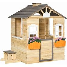 Outsunny Wooden Playhouse For Kids Outdoor Garden Pretend Play Games, Adventures Cottage, With Working Door, Windows, Bench, Service Station, Flowers