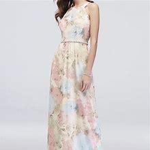 Sl Fashions Dresses | Floral-Printed Chiffon Sheath With Beaded Waist | Color: Blue/Pink | Size: 6