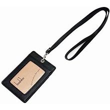 Boshiho Vertical Style Leather ID Card Badge Holder With Heavy Duty Lanyard (Black 2)