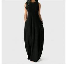 Roliyen Maxi Dresses For Women Crew Neck Sleeveless Loose Plain Maxi Dresses Casual Vest Long Dress With Pockets