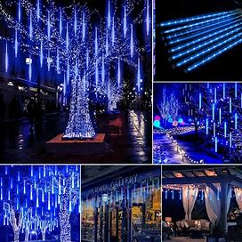 1Pc, Christmas Lights Outdoor, Meteor Shower Lights Falling Rain Lights 31 Inch 8 Tube 192 LED Snow Falling Icicle Cascading,Blue,All-New,Temu